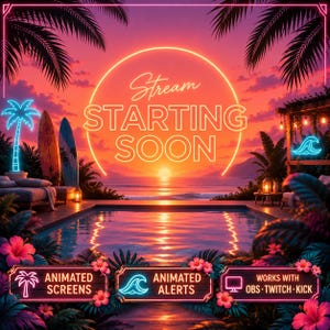 Neon Tropical Stream Overlay Animated Pack, Summer Vibe Twitch Overlay, Retro Synthwave Beach Stream Pack, Webcam Border, Alerts, Badges