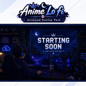 Boy Gaming Room Stream Overlay Pack | Midnight Blue Moon & Cat Aesthetic | Animated Twitch Overlay for Streamers