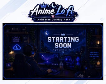 Paquete de superposiciones de anime lofi para transmisiones / Luna azul medianoche y estética de gato / Superposición animada de Twitch para streamers