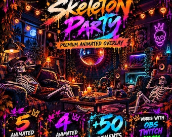 Skeleton Party Stream Overlay Pack | Animated Twitch Overlay | Halloween Stream Package | OBS, Twitch & Kick | Skeleton Gaming Room