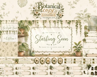 Botanical Cozy lo fi Stream Overlay Pack - Greenery Twitch Overlay, Full Stream Package Cottagecore Green Plants, Greenhouse OBS Pack