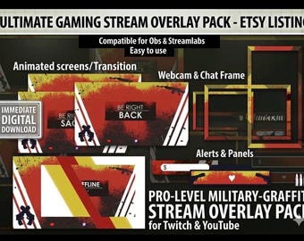 Paquete de superposiciones para transmisiones militares / Superposición de armas rojas y amarillas para Twitch / Superposición para juegos de disparos en primera persona / Pantallas animadas
