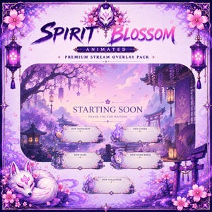 Pode incluir: Um pacote de sobreposição de transmissão premium animado Spirit Blossom com temas florais roxos e rosas. O design inclui uma máscara de raposa, flores de cerejeira, lanternas e elementos de texto como Starting Soon, New Donation, New Cheer, New Raid, New Subscriber e New Follower.