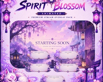 Superposición animada de Spirit Blossom para Twitch, superposición de fantasía japonesa para Twitch, paquete de transmisión Sakura, superposición de juegos de anime, kit de transmisión OBS