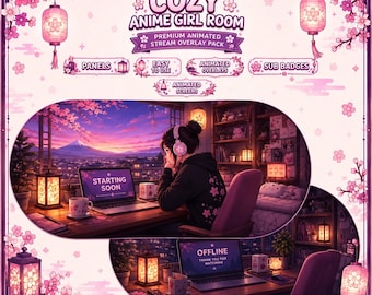 Cozy Anime Girl Room Animated Stream Overlay Pack | Pink Cherry Blossom | Twitch, YouTube, OBS | Screens, Alerts, Badges