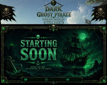 Paquete completo de superposiciones animadas de piratas oscuros para transmisiones en directo / Superposición de barco fantasma para Twitch, recursos de esqueletos con brillo verde, escenas de terror náutico para OBS
