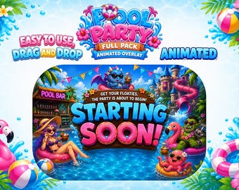 Paquete completo de superposiciones para transmisiones de verano de fiestas / Superposición de piscina de dibujos animados para Vtuber, paquete de Twitch de playa tropical, piscina de fantasía neón rosa y azul