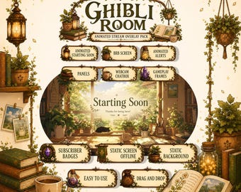 Cozy Ghibli Room Animated Stream Overlay Pack | Cottagecore Room Twitch Overlay Set | Cute Aesthetic Streamer Bundle, Animated Alerts