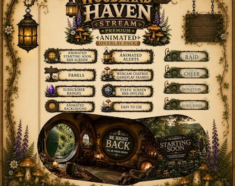 Cozy Woodland Stream Overlay Pack Animated, Hobbit Cottage Twitch Overlay, Forest Mushrooms Stream Package Assets