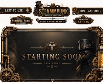 Steampunk Twitch Overlay Pack | Animated Plague Doctor Stream Overlay | Dark Gothic Stream Package | Vtuber Overlay, Alerts, Badges, Screens