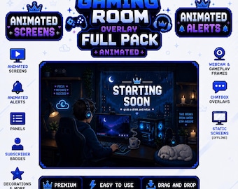 Cozy Gaming Room Stream Overlay Full Pack | Animated Twitch Overlay Bundle, Cute Blue Night Stream Package, Cool Gamer Boy Stream