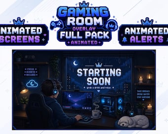 Paquete completo de superposiciones para transmisión en sala de juegos acogedora / Paquete de superposiciones animadas para Twitch, paquete de transmisión en noche azul linda, transmisión de chico gamer genial