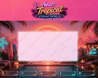 Paquete animado de superposiciones para transmisiones tropicales neón, superposición de Twitch con ambiente veraniego, paquete de transmisiones retro synthwave playeras, borde para cámara web, alertas, insignias