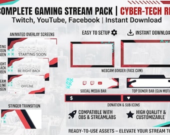 Paquete de superposiciones para transmisiones cyberpunk, superposiciones de juegos tácticos rojos, pantallas animadas, paquete de transmisiones de Twitch para shooters, transición OBS Stinger