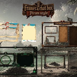 May include: Digital pirate-themed frames and chat boxes. The image features various frame designs with pirate motifs, including skull and crossbones, treasure maps, and nautical elements. The text "Frames & chat box Pirate style" is displayed at the top.