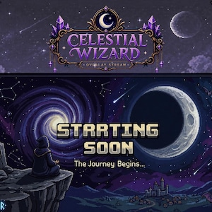 May include: A pixel art overlay stream graphic with a celestial theme. The image features a wizard meditating on a cliff, a swirling galaxy, a crescent moon, and the text "STARTING SOON". The overlay also includes the text "Celestial Wizard".