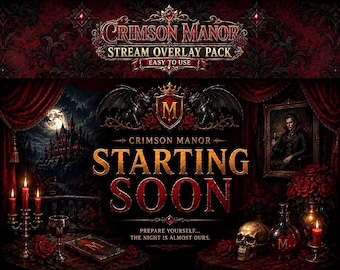 Paquete de superposiciones de Twitch de vampiro gótico / Superposición de transmisión animada de Crimson Manor / Recursos de terror oscuro, pantalla de "Próximamente", paneles OBS