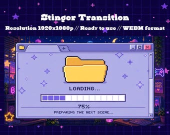 Transición de carga de carpeta de píxeles para streamers / Transición de escena de pantalla de ordenador de escritorio retro en morado pastel / Superposición acogedora WEBM