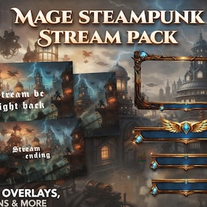 Puede incluir: Paquete de transmisión digital con temática steampunk. Incluye superposiciones, pantallas y más. El diseño presenta una ciudad de fantasía con dirigibles, relámpagos y el texto "Stream be right back" y "Stream ending".