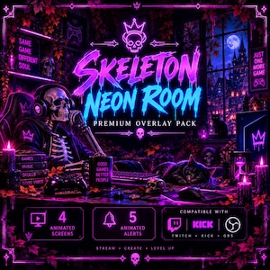 Puede incluir: Un gráfico digital para un paquete de superposición premium Skeleton Neon Room con un esqueleto con auriculares en un escritorio, un gato, equipo de juego y velas. El texto incluye SKELETON NEON ROOM, 4 ANIMATED SCREENS, 5 ANIMATED ALERTS y COMPATIBLE WITH TWITCH KICK OBS.