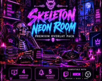 Skeleton Neon Stream Overlay Pack, Animated Twitch Overlay, Gothic Gaming Room, OBS Stream Package, Twitch Youtube Kick