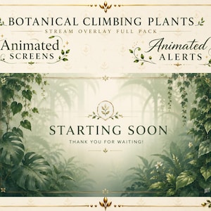 Botanical Stream Overlay Vollpackung | Animierte gemütliche Pflanzen Twitch Overlay, Elegante Grüne Blätter Ästhetische Overlay, Floral Piercings Paket