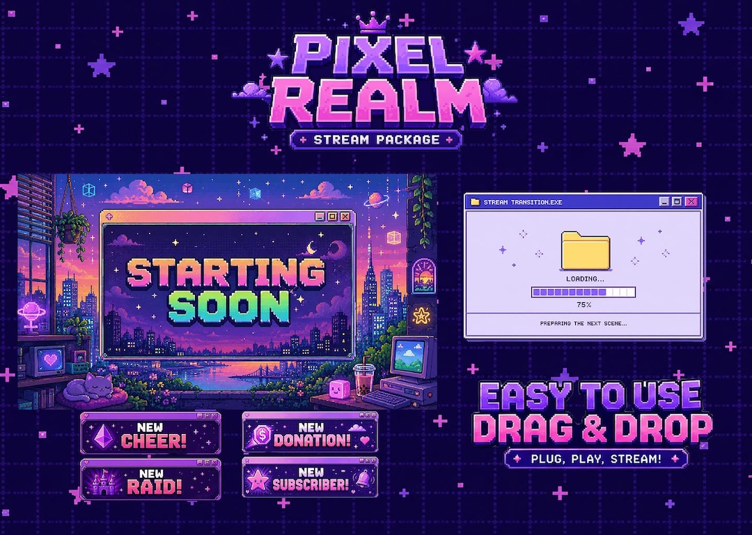 Pixel Y2K Overlay Animated Package, Cute Retro Cozy Purple Lofi Stream ...