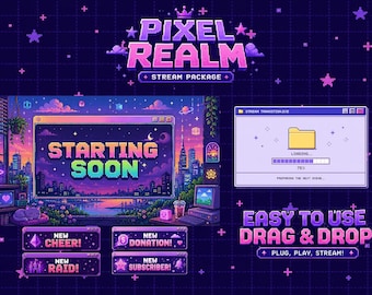 Paquete animado de superposiciones Pixel Y2K, paquete de superposiciones retro acogedoras de color púrpura estilo lofi para transmisiones en vivo, alertas, insignias, transmisión en Windows OS