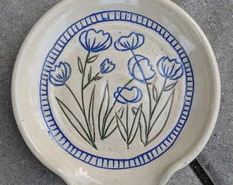 Ceramic Spoon Rest | Handmade Mishima Pottery | Botanical Blue Floral Design | Kitchen Decor Gift
