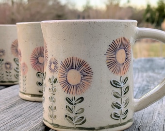 Sgraffito Mug, Pink Garden | Handmade Carved Ceramic Mug | Wheel Thrown Stoneware | Floral Pottery