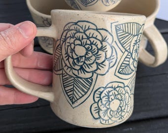 Handmade Stoneware Mug | Ink Garden Mishima Floral Design | Wheel Thrown Ceramic Mug | Hand Carved Pottery | Floral Coffee Mug
