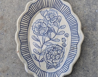 Ceramic Catch-All Dish, Scalloped Oval Trinket Dish | Mishima & Hand-Painted Stoneware | Handmade Pottery | Cottagecore Kitchen Decor