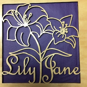 May include: A wooden plaque with a purple background and a cutout design of two lilies with the name "Lily Jane" written in a decorative font.