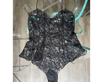 Vintage 90s Victorias Secret Gold Label Black Lace Teddy Small Lingerie Rosettes