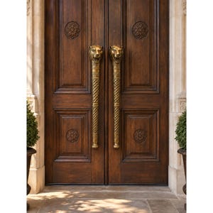 May include: A pair of double wooden doors featuring a dark brown finish with recessed rectangular panels and circular floral carvings. Two long, vertical brass door handles are mounted in the center, each topped with a sculpted lion head.