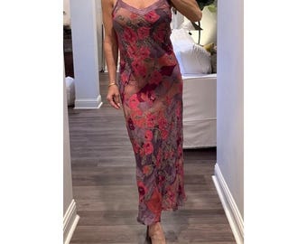 Vintage Y2K Victoria's Secret Purple Pink Floral Silk Maxi Slip Gown Dress Sz M