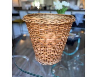 Vintage Wicker Rattan Woven Waste Basket Trash Boho Farmhouse Plant Planter