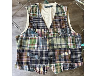 Vintage Polo Ralph Lauren Men's India Madras Plaid Patchwork Vest Cinch Back L