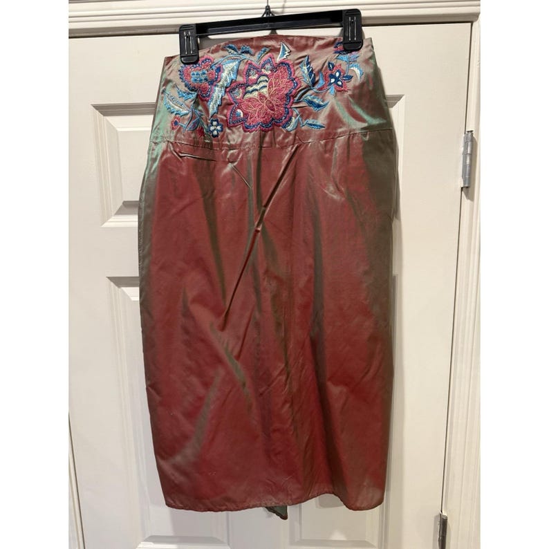 Vtg 90s Y2K Free People Silk Floral Embroidered Iridescent Midi Bussell Skirt image 7