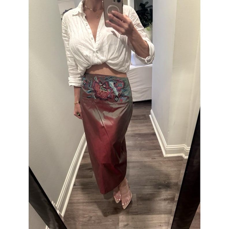 Vtg 90s Y2K Free People Silk Floral Embroidered Iridescent Midi Bussell Skirt image 2