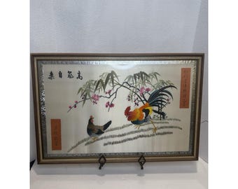 Vintage Chinese Silk Embroidery Art Rooster & Hen Suzhou Su Xiu Plum Blossoms