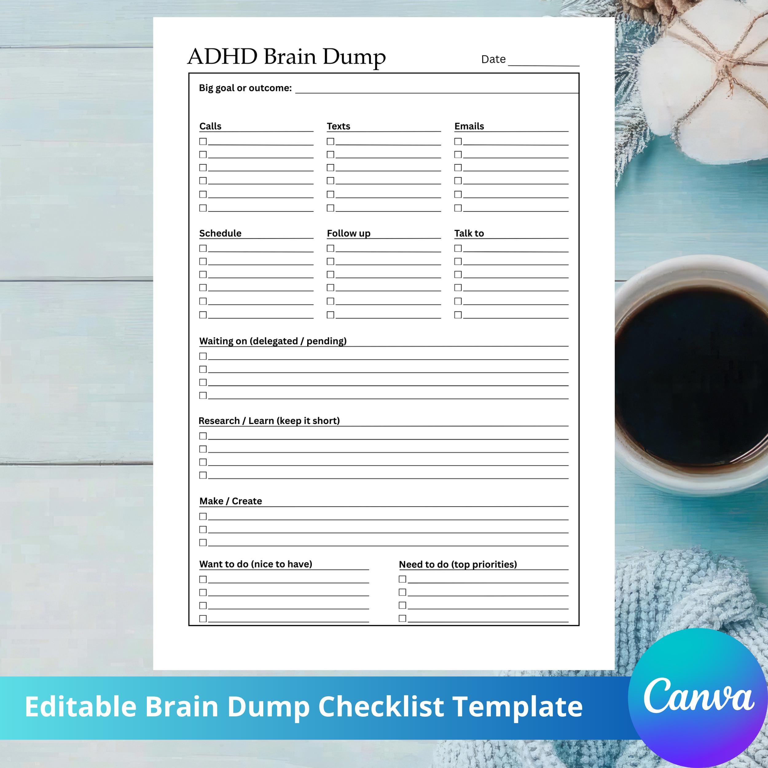 ADHD Brain Dump Planner Template | Editable Canva Template, Daily ...