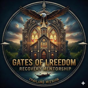 May include: Circular graphic with a church, eagle, and text. The church has stained glass windows and is centered below a soaring eagle. The text reads "GATES OF LREEDOM" and "RECOVERY MENTORSHIP" with "THAILAND MISSION" at the bottom.