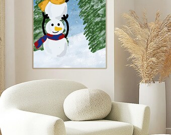 Illustrazione minimalista di un pupazzo di neve – Arte stampabile per la cameretta dei bambini – Decorazione invernale per la cameretta dei bambini – Download immediato