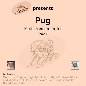 Op de afbeelding: Perzikkleurige afbeelding met de tekst "Letza Life presenteert Pug Multi-Medium Artist Pack". De afbeelding bevat een lijntekening van een mopshond, twee kleine foto's van mopshonden en een lijst met items.