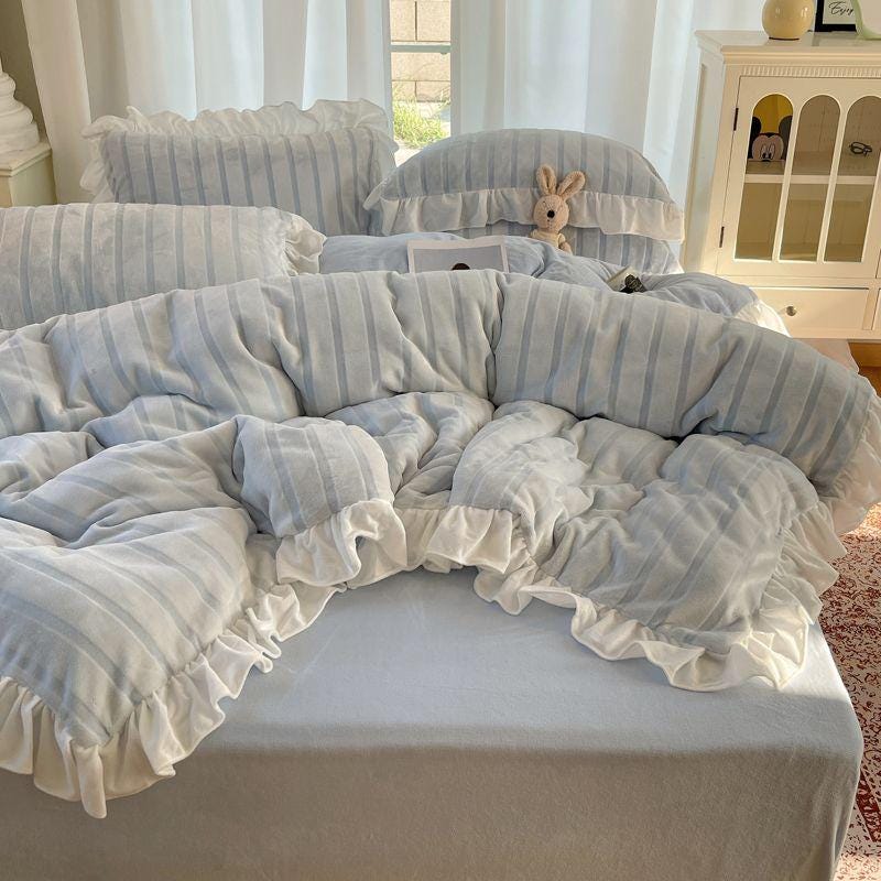 Striped Ruffle Sheets Blue White Striped Ruffle Bedding Set With Duvet Cover and Pillow Shams ...