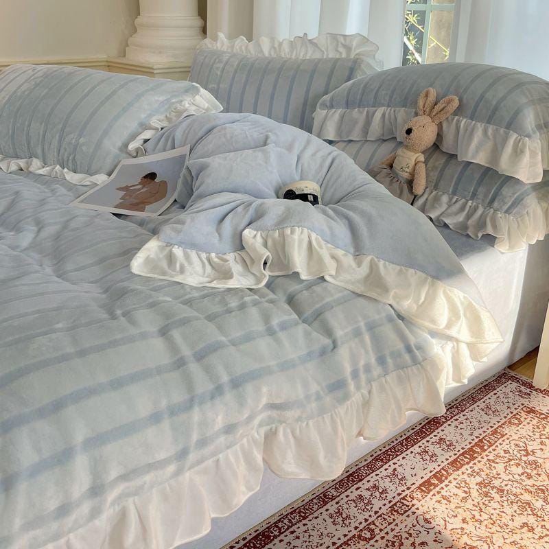 Striped Ruffled Sheets Blue White Striped Ruffle Bedding Set With Duvet Cover and Pillow Shams ...