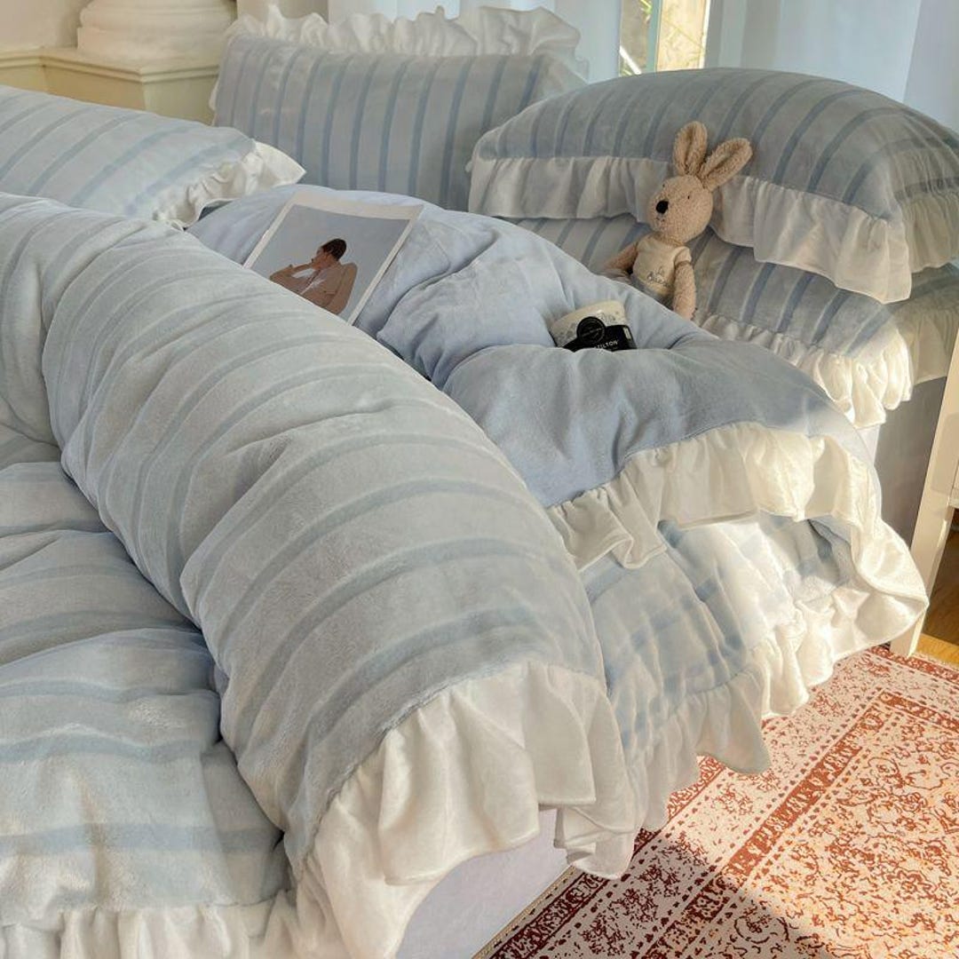 Striped Ruffle Sheets Blue White Striped Ruffle Bedding Set With Duvet Cover and Pillow Shams ...