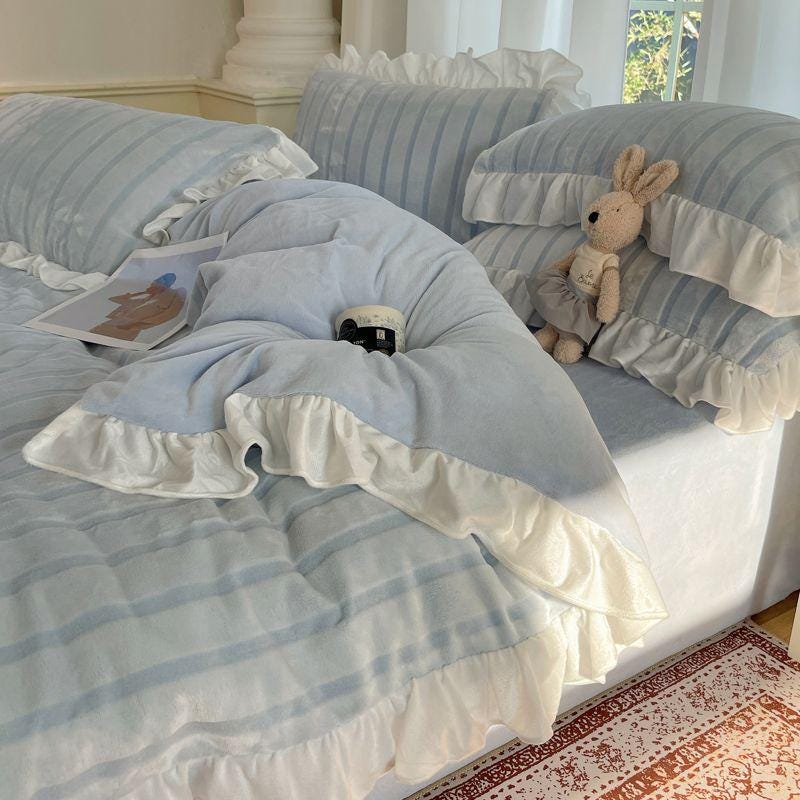 Striped Ruffle Sheets Blue White Striped Ruffle Bedding Set With Duvet Cover and Pillow Shams ...