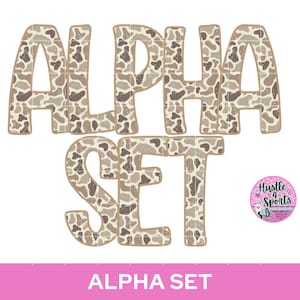 May include: A digital graphic featuring the words ALPHA SET in large, bold, sans-serif letters filled with a tan, brown, and white cow print pattern. A small circular pink logo with the text Hustle 4 Sports is positioned to the right.